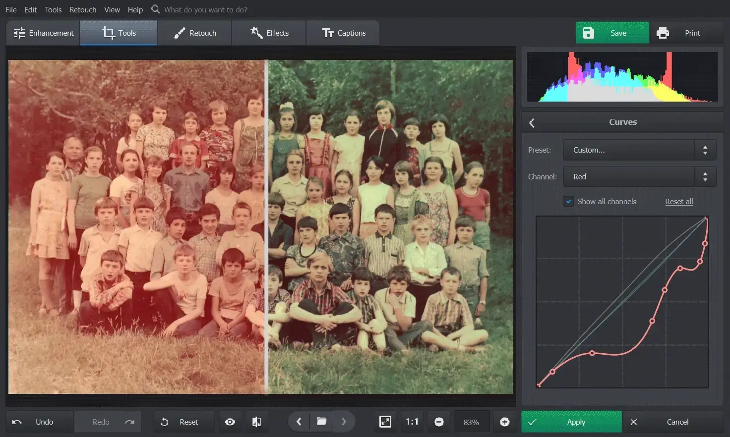 Set points on the curve for color correcting your old photo
