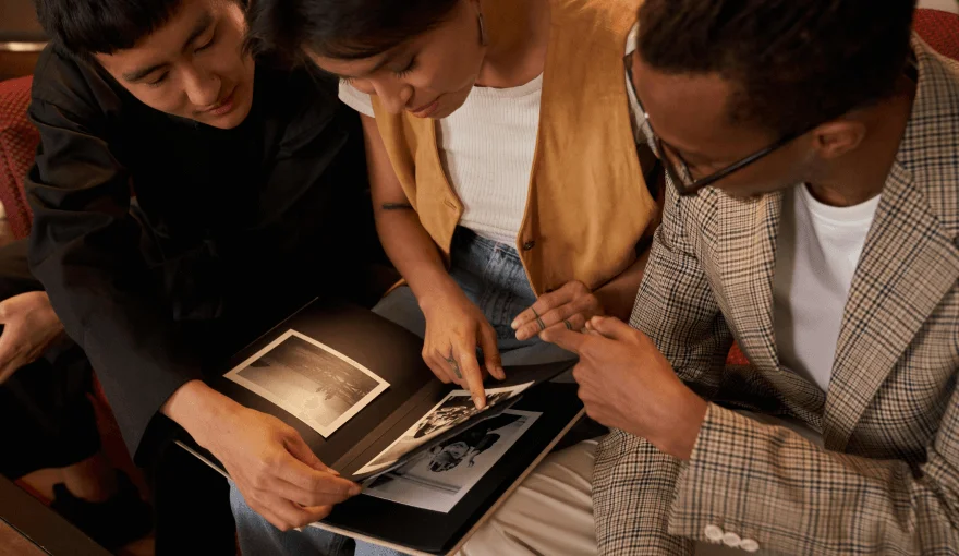 People look at the family tree image together